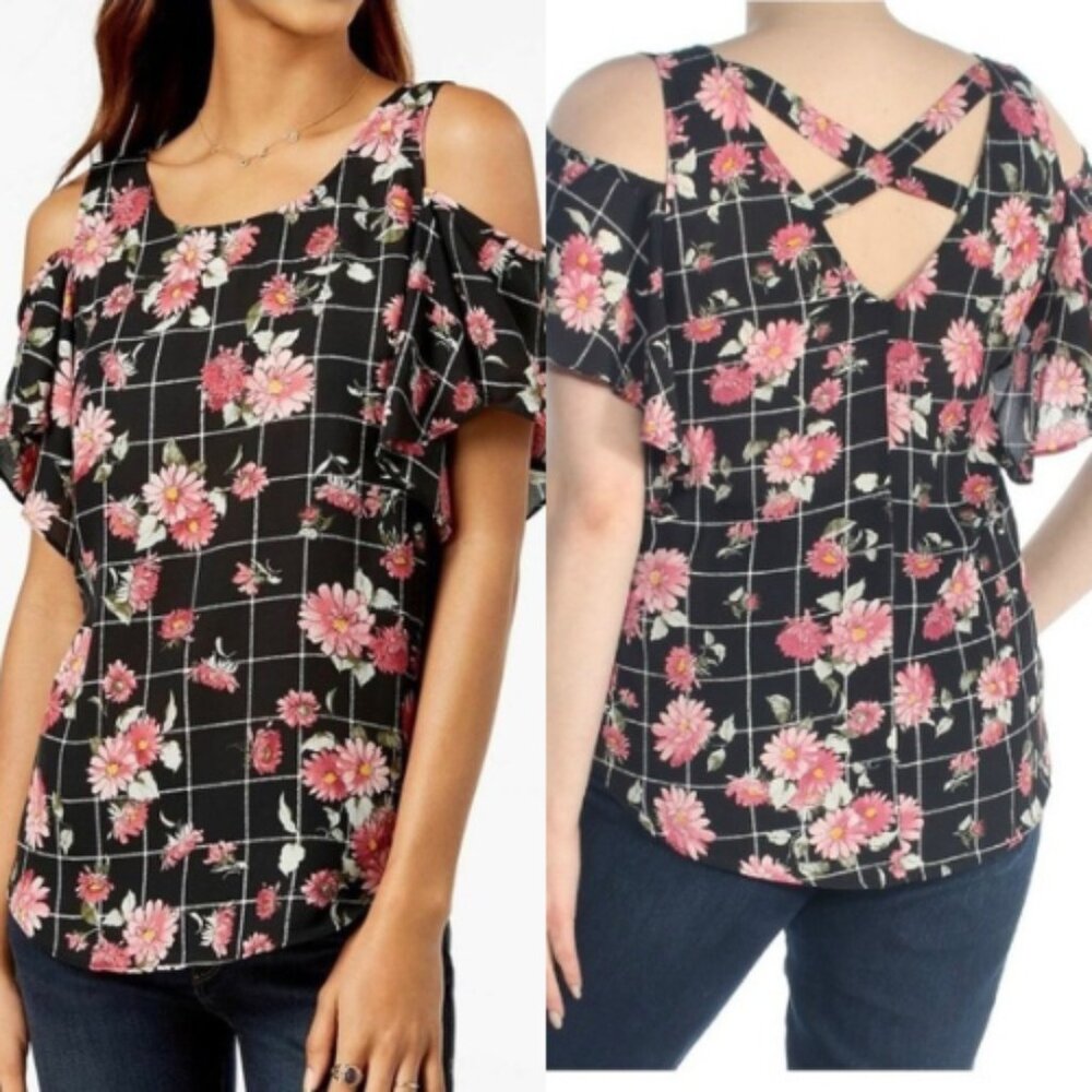 BCX Women's Cold-Shoulder Plaid Floral Short Sleeve Blouse Black White XS NWOT